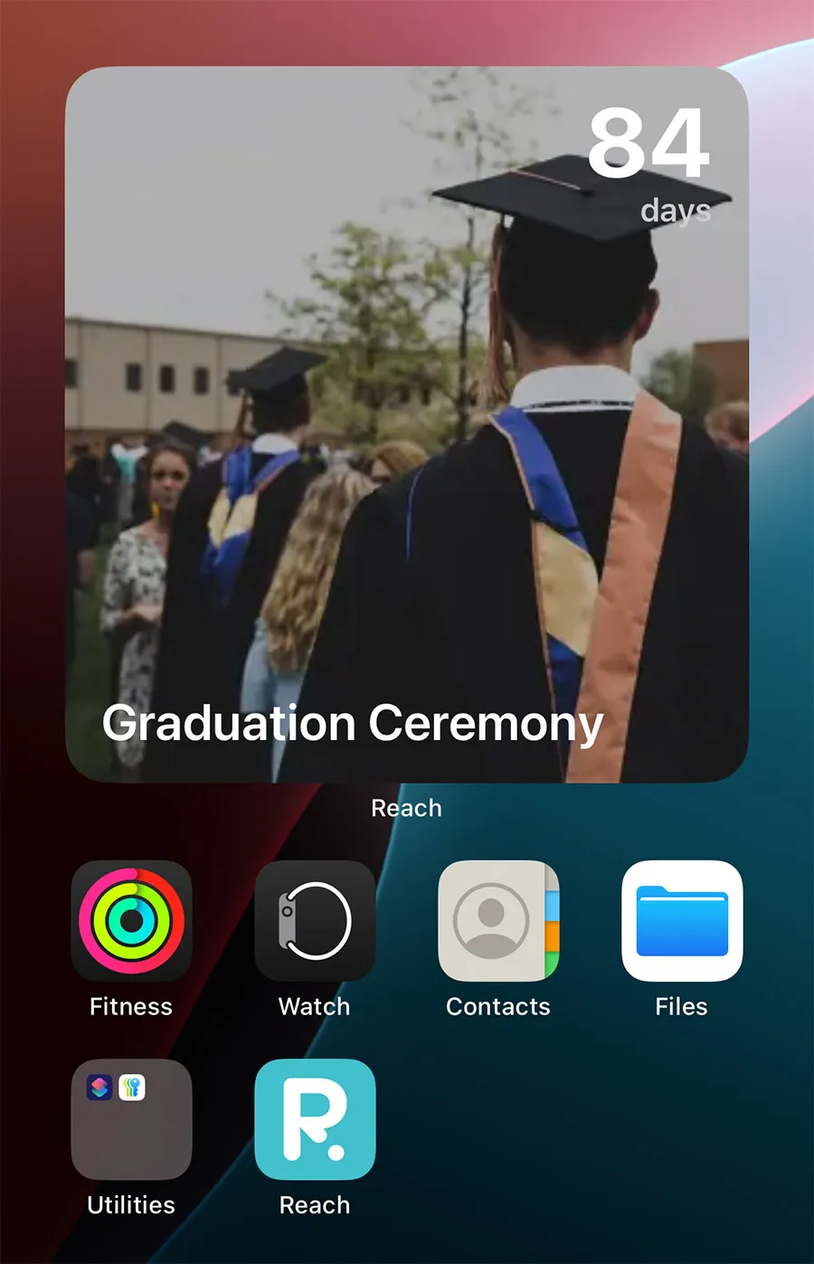 Graduation ceremony countdown widget on iPhone home screen showing 84 days until graduation