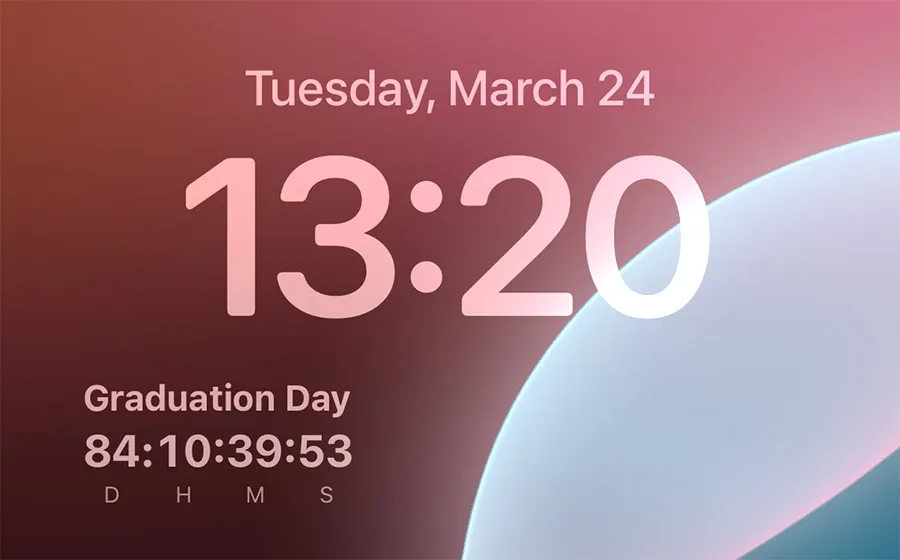 Graduation day countdown widget on iPhone lock screen displaying days hours minutes seconds in real time