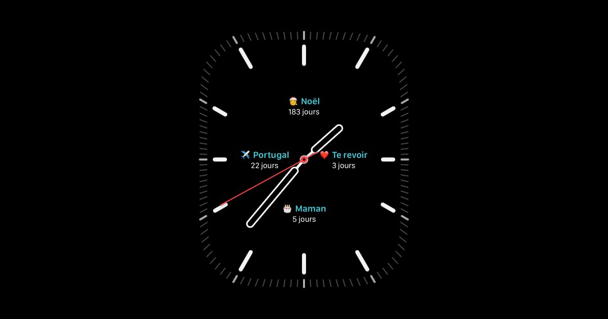 Cadran Apple Watch affichant quatre comptes à rebours : Noël, un voyage au Portugal, retrouver son partenaire et un anniversaire