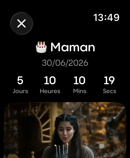 Écran de détail d'un événement sur Apple Watch affichant un compte à rebours précis en jours, heures, minutes et secondes