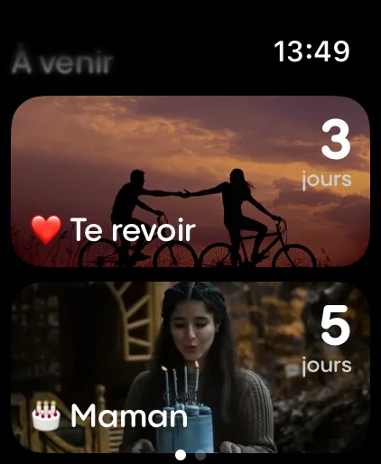 Écran À venir de l'application Reach sur Apple Watch affichant des cartes de compte à rebours avec photos