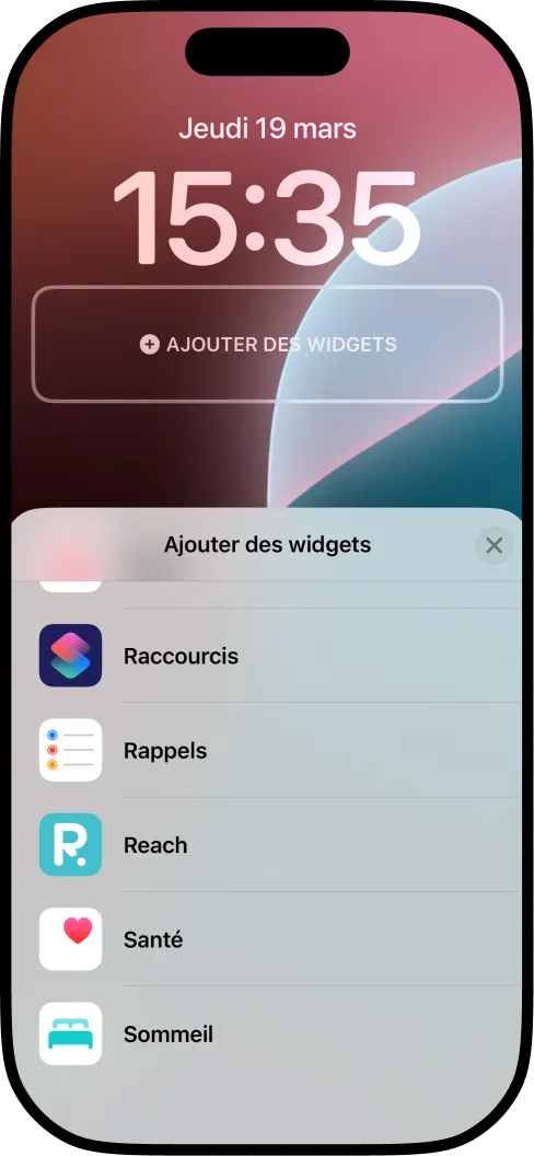 Trouver Reach dans la liste des widgets de l'écran de verrouillage iPhone