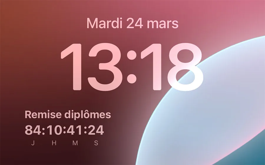 Widget compte à rebours remise des diplômes sur écran de verrouillage iPhone affichant jours heures minutes secondes en temps réel