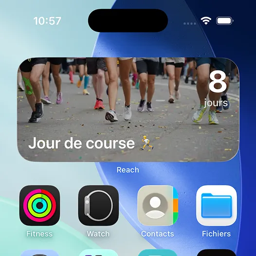 Widget compte à rebours marathon sur écran de verrouillage iPhone affichant les jours avant la course