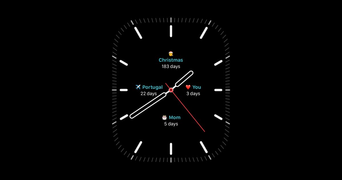 Tarcza Apple Watch z czterema odliczaniami: do świąt, podróży do Portugalii, spotkania z bliską osobą i urodzin