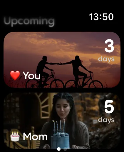 Widok listy nadchodzących wydarzeń Reach na Apple Watch z kartami odliczania i zdjęciami