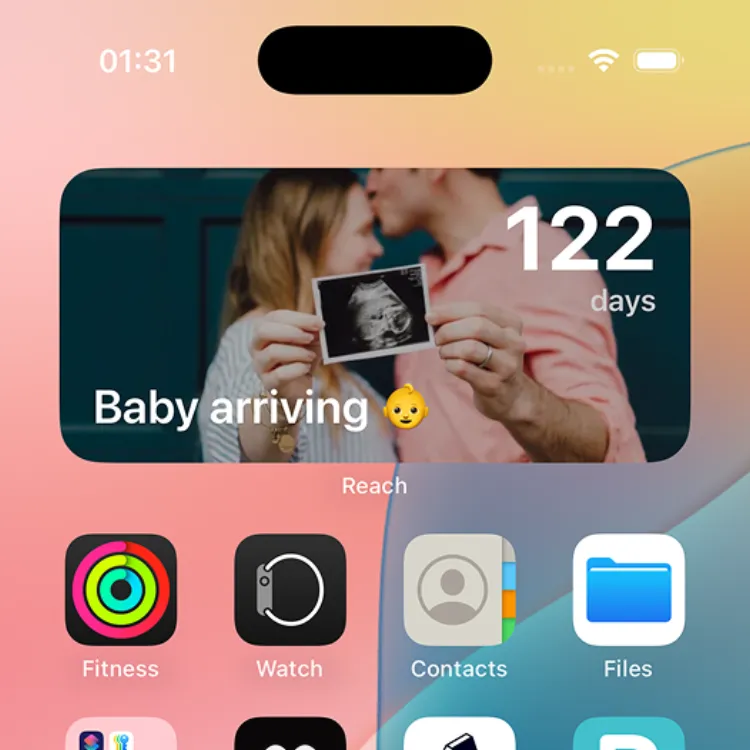 Darmowy widżet Reach odliczający do porodu na ekranie głównym iPhone'a