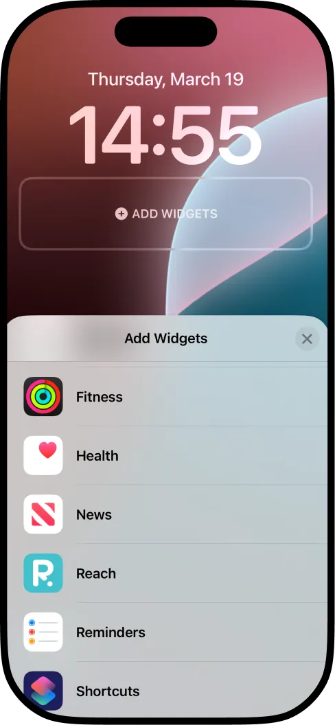 Wyszukiwanie Reach na liście widżetów ekranu blokady iPhone'a